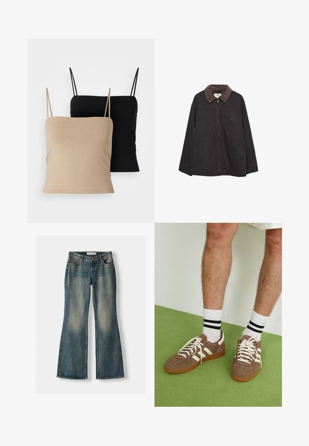 Tamna, mekana jakna s drvenim ovratnikom, sa zatvaračem, dva prednja džepa i džepom na prsima sa zatvaračem. Ima opušteni kroj.; Dva topa: jedan bež i jedan crni. Oboje imaju tanke naramenice, uski kroj i mekan, glatki materijal.; Plave trapezaste traperice s izblijedjelim pranjem, pet džepova i zatvaranjem na gumb. Materijal prikazuje traper teksturu s suptilnim detaljima šivanja.; Smeđe nubuk tenisice s bijelim detaljima i vezicama. Gumeni potplat. Nosene s bijelim čarapama s crnim prugama. Zeleno teksturirano pod.