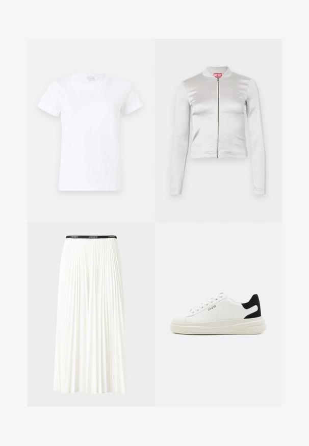 Balta satīna jaku ar rāvējslēdzēju, garām piedurknēm, pielāgotu dizainu, ribinātu apkakli un sarkanu logotipa detaļu kaklā. Gluda tekstūra ar minimālu spīdumu.; Balta kokvilnas T-krekls ar īsām piedurknēm, apaļu kaklu un diskretās krāsas logotipu izšuvumu priekšā. Gluda tekstūra un klasiskā forma.; Gari plānas baltas svārku ar melnu elastīgu jostu, uz kuras redzams "LACOSTE" logo. Vidēja garuma dizains ar mīkstu tekstūru.; Baltas ādas sporta apavi ar biezu balto zoli, melna zamša uzpura un izspiestais logotips sānos. Šņorējuma dizains ar sešiem acu caurumiem.