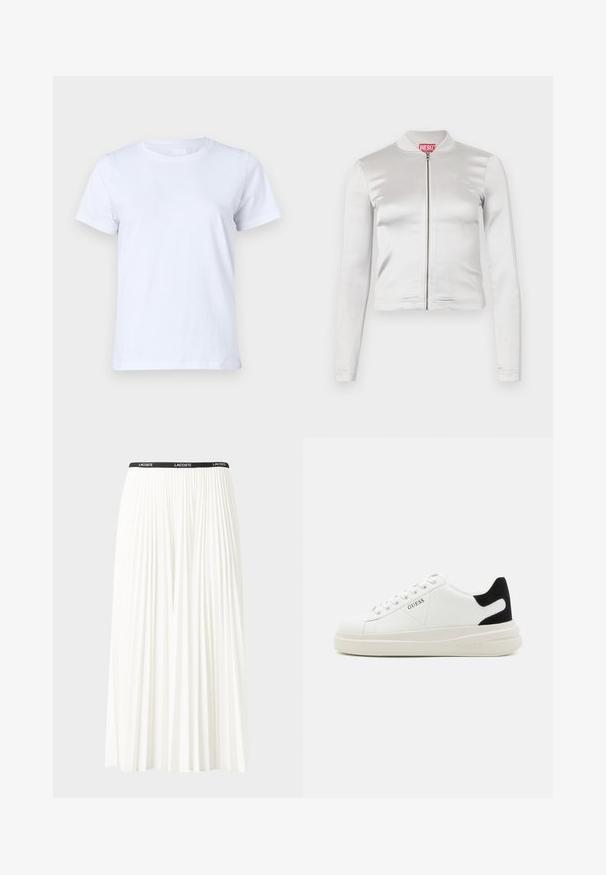 Jachetă albă din satin cu fermoar, cu mâneci lungi, design ajustat, guler cu benzi și detaliu logo roșu la gât. Textură netedă cu un luciu minim.; Tricou alb din bumbac, cu mâneci scurte, design clasic cu gât rotund, textură simplă fără modele sau accente, croială standard, simplu și versatil.; Fustă plisată albă cu un brâu elastic negru, având logo-ul "LACOSTE". Design de lungime medie, cu textură moale.; Adidași din piele albă cu o talpă groasă albă, accent de călcâi din suede negru și logo embosat pe lateral. Design cu șireturi și șase orificii.
