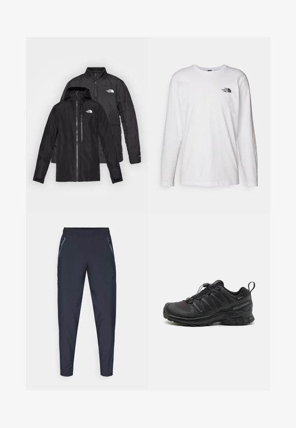 Sorte udendørsjakker stablet: en vandtæt jakke med hætte og lynlåslommer over en pufferjakke med vandret syninger.; Hvid langærmet T-shirt lavet af bomuld med rund hals. Har et lille sort logo på brystet. Glat tekstur, almindelig pasform.; Marine atletiske bukser lavet af letvægtsstof, med to sidelommer med lynlås, elastisk talje og tætsiddende ben for en slank pasform.; Sort atletik sko med en struktureret syntetisk overdel, polstret sål og et hurtiglukkesystem. Har forstærket tå og hæl.