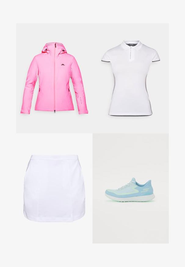 Roosa talvejope, millel on lukuga esikülg, reguleeritav kapuuts ja küljetaskud. Must logo ja detailid varrukatel. Sile, veekindel materjal.; Valge lühikeste varrukatega polo särk, millel on krae ja eesnuppude rida. Mustad accents varrukatel ja külgsisemetes. Pehme, sujuv tekstuur.; Valge seelik, mis on valmistatud kergest kangast, millel on sile tekstuur, lihtsa disainiga, nähtavad õmblused ja küljetaskud.; Heled sinine spordijalatse, millel on silmadega ülemine osa, ümar varvas, pehmendustega põhi ja peegeldavad aktsendid. Omab paelu ja toetavat kontsa.