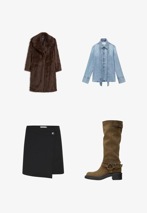 Ruskea tekoturkis takki, jossa on leveä kaulus, pitkät hihat ja puolipitkä muotoilu, joka on pehmeä ja tekstuurinen.; Vaaleansininen farkkupaitapusero, jossa on pitkät hihat, edessä nappikiinnitys, viistot kaulukset ja pidennetyt pystysuorat farkkuhihnat, jotka roikkuvat napituslinjan varrella.; Mustat kietaisuhameet, jotka on valmistettu sileästä kankaasta, jossa on sivunappi yksityiskohtana ja epäsymmetrinen helma rakenteellisen ilmeen saavuttamiseksi.; Korkeat ruskeat mokkasaappaat, joissa on pyöreä kärki, musta kumipohja ja koristeelliset soljet varren ja nilkan ympärillä. Sileä pinta, ilman näkyviä kuvioita.