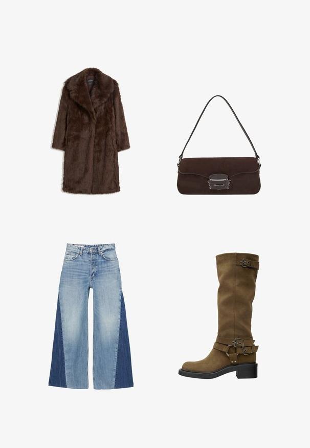 Brązowy płaszcz z sztucznego futra z szerokim kołnierzem, długimi rękawami i średniej długości krojem o miękkim, teksturowanym wykończeniu.; Jasnoniebieska dżinsowa koszula z długim rękawem z zapięciem na guziki z przodu, wygiętym kołnierzykiem i przedłużonymi pionowymi paseczkami dżinsowymi zwisającymi wzdłuż linii guzików.; Jeans w szerokich nogawkach wykonane z niebieskiego denimu, z gradientowym wzorem w jasnoniebieskie i ciemnoniebieskie panele. Klasyczna stylizacja pięciu kieszeni i zamek błyskawiczny z przodu.; Wysoki brązowy zamszowy but z okrągłym noskiem, czarną gumową podeszwą i dekoracyjnymi klamrami wokół cholewki i kostki. Gładka faktura, brak widocznych wzorów.; Brązowa torebka zamszowa z długim skórzanym paskiem, srebrnymi akcentami, prostokątnym kształtem i płaską klapą z centralnym ozdobnym elementem.