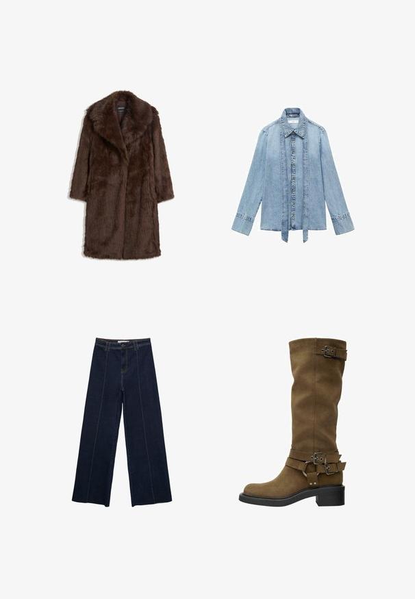 Brauner Kunstfellmantel mit breitem Kragen, langen Ärmeln und einem mittellangen Design mit einer weichen, strukturierten Oberfläche.; Helles blaues Denim-Hemd mit langen Ärmeln, Knopfleiste vorne, spitzem Kragen und verlängerten vertikalen Denim-Trägern entlang der Knopfleiste.; Weite dunkle Jeanshose mit Kontrastnähten, hoher Taille und geradem Schnitt. Verfügt über Fronttaschen und einen klassischen Knopfverschluss.; Hohe braune Wildlederstiefel mit abgerundeter Spitze, schwarzer Gummisohle und dekorativen Schnallen rund um den Schaft und Knöchel. Glatte Textur, keine sichtbaren Muster.