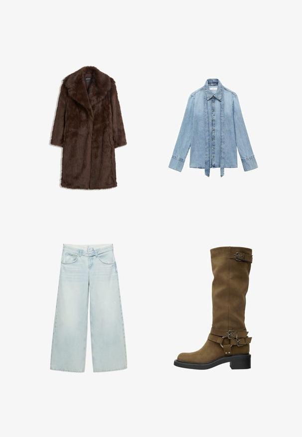 Ruskea tekoturkis takki, jossa on leveä kaulus, pitkät hihat ja puolipitkä muotoilu, joka on pehmeä ja tekstuurinen.; Vaaleansininen farkkupaitapusero, jossa on pitkät hihat, edessä nappikiinnitys, viistot kaulukset ja pidennetyt pystysuorat farkkuhihnat, jotka roikkuvat napituslinjan varrella.; Vaaleansiniset leveät farkut, jotka on valmistettu denimistä ja joissa on klassinen viiden taskun muotoilu sekä pieni kulumisdetaali edessä.; Korkeat ruskeat mokkasaappaat, joissa on pyöreä kärki, musta kumipohja ja koristeelliset soljet varren ja nilkan ympärillä. Sileä pinta, ilman näkyviä kuvioita.