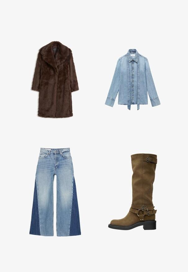Brun fuskpälsjacka med bred krage, långa ärmar och en medellång design med en mjuk, strukturerad yta.; Ljusblå denimskjorta med långa ärmar, framsknappning, spetsig krage och förlängda vertikala denimmuddar som hänger längs knappslån.; Breda jeans i blå denim, med en gradientdesign som har ljusblå och mörkblå paneler. Klassisk femficksdesign och dragkedja fram.; Hög brun mockaboot med rund tå, svart gummisula och dekorativa spännen runt skaftet och vristen. Slät textur, inga synliga mönster.