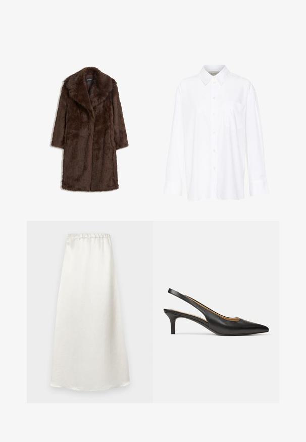 Manteau en fausse fourrure marron avec un large col, des manches longues et un design mi-long avec une finition douce et texturée.; Chemise blanche à manches longues avec col, en coton. Présente un devant à boutons et une poche poitrine unique. Texture lisse, coupe décontractée.; Jupe blanche longueur cheville en tissu lisse et léger, avec une taille froncée et une finition texturée subtile.; Escarpin slingback en cuir noir avec bout pointu et petit talon kitten, vu de côté sur un fond blanc uni.
