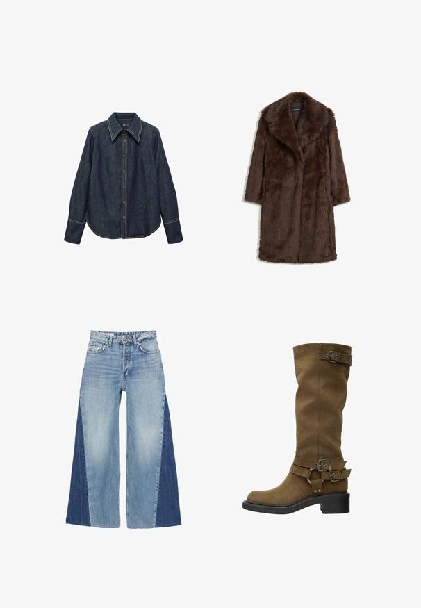 Hnědý kabát z umělé kožešiny s širokým límcem, dlouhými rukávy a střední délkou, s měkkým a texturovaným povrchem.; Tmavě modrá denimová košile na knoflíky s špičatým límečkem, dlouhými rukávy a viditelným bílým šitím. Má zakulacený spodní lem a klasický střih.; Džíny s širokými nohavicemi vyrobené z modrého denimového materiálu, s gradientním designem zahrnujícím světlé a tmavé modré panely. Klasické pětikapsové provedení a přední zip.; Vysoká hnědá semišová bota s kulatou špičkou, černou gumovou podrážkou a dekorativními sponami kolem holeně a kotníku. Hladký povrch, žádné viditelné vzory.