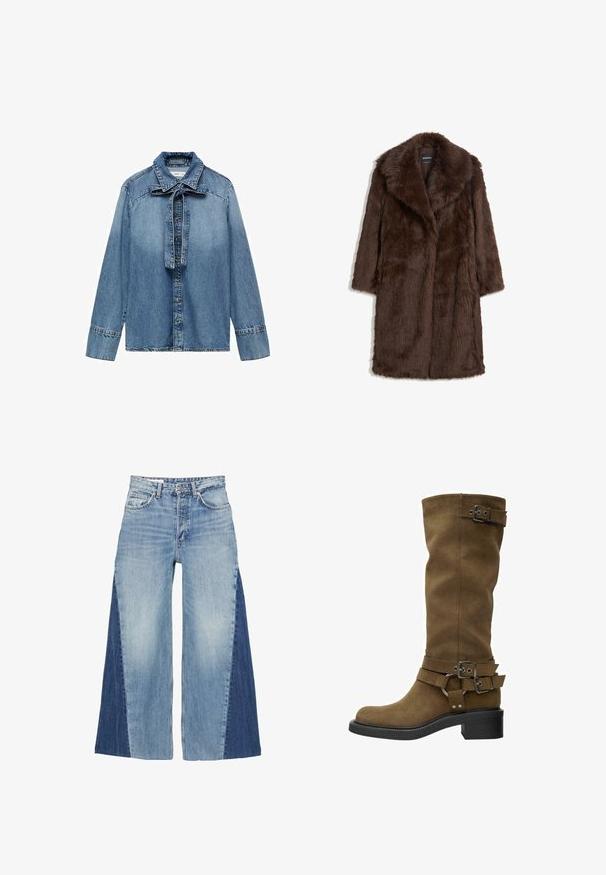 Cappotto in finta pelliccia marrone con colletto ampio, maniche lunghe e design di lunghezza media con una finitura morbida e texturizzata.; Camicia di denim azzurro chiaro con maniche lunghe, chiusura a bottoni frontale e un dettaglio a fiocco legato al colletto. Presenta la classica texture e cucitura del denim.; Jeans a gamba larga in denim blu, con un design gradient che alterna pannelli di blu chiaro e scuro. Stile classico a cinque tasche e chiusura con zip frontale.; Stivale alto in suede marrone con punta arrotondata, suola in gomma nera e fibbie decorative attorno al gambale e alla caviglia. Texture liscia, senza pattern visibili.