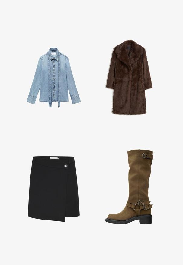 Brun faux fur frakke med bred krave, lange ærmer og et mellemlangt design med en blød, tekstureret overflade.; Lyseblå denim skjorte med lange ærmer, frontlukning med knapper, spidse krave og forlængede vertikale denimstropper hængende langs knaplinjen.; Sort omslagskørt lavet af et glat stof, med en sidelukning og en asymmetrisk kant for et struktureret udseende.; Høj brun ruskindstøvle med rund tå, sort gummisål og dekorative spænder omkring skaftet og anklen. Glat tekstur, ingen synlige mønstre.
