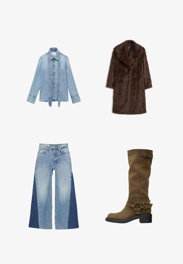 Palton din blană sintetică maro, cu un guler larg, mâneci lungi și un design de lungime medie, cu un finisaj moale și texturat.; Cămașă din denim albastru deschis, cu mânecă lungă, închidere cu nasturi pe față, guler ascuțit și bretele verticale din denim extinse care atârnă de-a lungul liniei de nasturi.; Blugi cu picioare largi din denim albastru, având un design în degrade cu panouri albastre deschise și închise. Stil clasic cu cinci buzunare și fermoar frontal.; Cizmă înaltă din nubuc maro, cu vârf rotund, talpă din cauciuc negru și catarame decorative în jurul shaft-ului și gleznei. Textură netedă, fără modele vizibile.