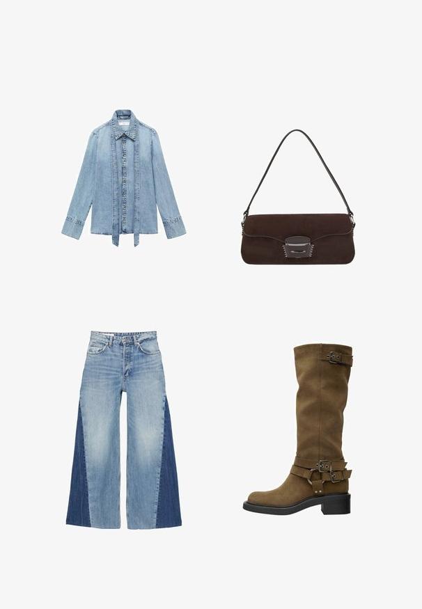 Cappotto in finta pelliccia marrone con colletto ampio, maniche lunghe e design di lunghezza media con una finitura morbida e texturizzata.; Camicia in denim azzurro chiaro a maniche lunghe con chiusura frontale a bottoni, colletto a punta e strisce di denim verticali estese che pendono lungo la linea dei bottoni.; Jeans a gamba larga in denim blu, con un design gradient che alterna pannelli di blu chiaro e scuro. Stile classico a cinque tasche e chiusura con zip frontale.; Stivale alto in suede marrone con punta arrotondata, suola in gomma nera e fibbie decorative attorno al gambale e alla caviglia. Texture liscia, senza pattern visibili.; Borsa a tracolla in suede marrone con una lunga cinghia in pelle, accessori in argento, forma rettangolare e un pattina piatta con un abbellimento centrale.