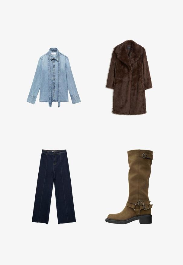 Brun faux fur frakke med bred krave, lange ærmer og et mellemlangt design med en blød, tekstureret overflade.; Lyseblå denim skjorte med lange ærmer, frontlukning med knapper, spidse krave og forlængede vertikale denimstropper hængende langs knaplinjen.; Bredde ben mørke denimbukser med kontraststing, høj talje og lige pasform. Har forlommer og en klassisk knaplukning.; Høj brun ruskindstøvle med rund tå, sort gummisål og dekorative spænder omkring skaftet og anklen. Glat tekstur, ingen synlige mønstre.