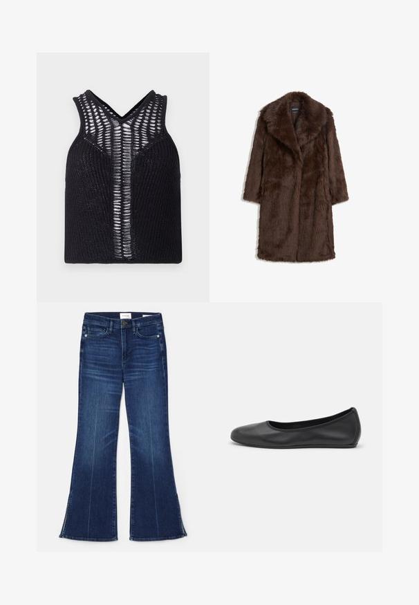Hnědý kabát z umělé kožešiny s širokým límcem, dlouhými rukávy a střední délkou, s měkkým a texturovaným povrchem.; Černý pletený top bez rukávů s výstřihem do V, zdobený pruhovanými průhlednými panely na přední straně. Hribková textura s přiléhavým střihem.; Tmavě modré zvonové džíny vyrobené z denimu. Mají vysoký pas, přední kapsy a rozparky na lemu. Klasický design s pěti kapsami.; Černé kožené baletní byty s kulatou špičkou, hladkou texturou, minimálními švy a flexibilním designem podrážky.