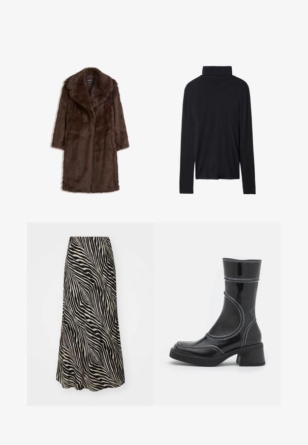 Brauner Kunstfellmantel mit breitem Kragen, langen Ärmeln und einem mittellangen Design mit einer weichen, strukturierten Oberfläche.; Schwarzes Langarm-Thermo-Oberteil mit taillierter Passform, glatter Textur und hohem Kragen, mit abgesteppten Säumen und ohne sichtbare Muster.; Midikleid aus glattem Stoff mit einem schwarz-beigen wellenförmigen Streifenmuster, das sanft von der Taille bis zum Saum ausgestellt ist.; Schwarze Lackleder-Ankle Boots mit weißen Nähten, abgerundeter Zehe und Blockabsatz. Besitzt geschwungene Designlinien und eine glatte Textur.