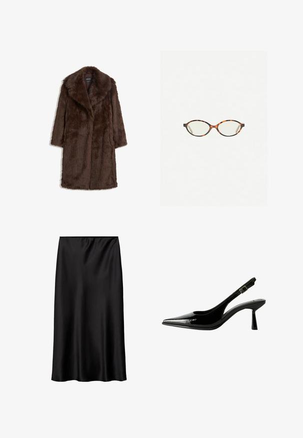Manteau en fausse fourrure marron avec un large col, des manches longues et un design mi-long avec une finition douce et texturée.; Haut marron à manches longues avec un décolleté en scoop, arborant de grands pois blancs et un détail froncé à la taille pour un look ajusté.; Jupe en satin noir avec une texture lisse et brillante, présentant une coupe simple et droite ainsi qu'une taille élastique pour un ajustement sécurisé.; Racine à talon en cuir verni noir avec un nez pointu, des côtés découpés, une bride de cheville ajustable et un talon fin et élégant.; Lunettes en écaille de tortue avec des verres ovales et une finition lisse et élégante. Présente des branches fines avec une courbure subtile au niveau des tempes. Verres transparents.