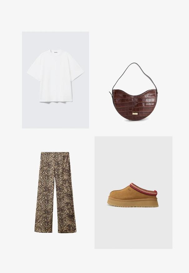 Bruine nepbontjas met een brede kraag, lange mouwen en een middellange ontwerp met een zachte, gestructureerde afwerking.; Witte oversized t-shirt van katoen. Heeft korte mouwen, een ronde hals en subtiele stikseldetails. Merkenlogo op de nek.; Leopardprint wijde broek van een lichtgewicht stof. Kenmerkt zich door een neutraal kleurenpalet van beige en bruin met zwarte vlekken en een ontspannen pasvorm.; Bruine suède instapschoen met een rood en crèmekleurig patroon aan de rand, een gestructureerde zool en het UGG-logo aan de zijkant. Heeft een lichte platformhoogte.; Bruine leren handtas met een gestructureerd krokodillenpatroon, ronde vorm en een enkele schouderband. Bevat een gouden logo-accent.