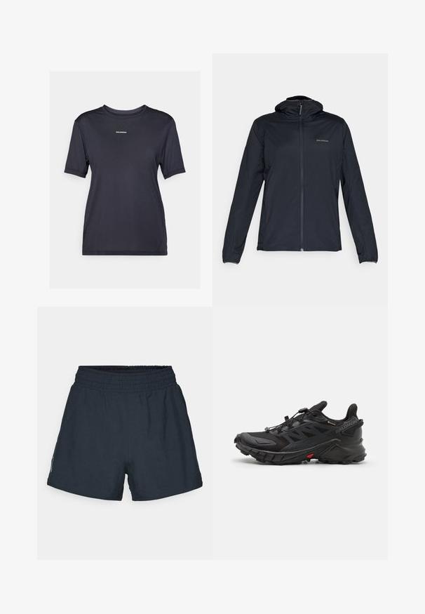 Könnyű fekete szélkabát kapucnival, teljes cipzáras záródással, hosszú ujjakkal és finom logóval a mellrészen. Simai, matt textúra.; Fekete, rövidujjú sportpóló könnyű anyagból, kerek nyakkivágással és egy kis márkajelzéssel az elején.; Sötét tengerészkék sportnadrág könnyű anyagból. Rugalmas derékpánt, laza szabás és nincsenek látható zsebek vagy minták.; Fekete sportcipők textúrált felsőrésszel, biztonságos fűzőrendszerrel, párnázott talppal és szembeötlő piros akcentussal az oldalon.