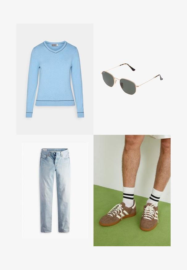 Stradivarius CROPPED - Zimní bunda - stone; Světle modrý svetr s dlouhými rukávy a výstřihem do V, s žebrovanými manžetami a lemem. Obsahuje kontrastní tmavě modrou nit podél výstřihu a lemu.; Světle modré denimové džíny s rovnými nohavicemi, dvě přední kapsy a dvě zadní kapsy. Obsahují dvouknoflíkový zip a jemné prošívání.; Hnědé semišové tenisky s bílými akcenty a tkaničkami. Gumová podrážka. Nošeny s bílými ponožkami s černými pruhy. Zelená strukturovaná podlaha.; Sluneční brýle s kovovým zlatým rámem a tmavě zelenými skly, styl aviatorek, s úzkými obroučkami a želvovinovými akcenty na špičkách.