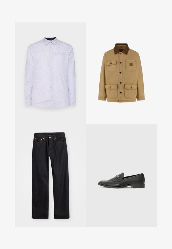 Barna gombos dzseki négy elülső zsebbel, közülük kettő fedéllel és gombokkal, valamint kontrasztos sötétbarna gallérral.; Fehér, hosszú ujjú ing, kis tengerészkék pöttyökkel, gombos gallérral és mellzsebbel. Gombos mandzsettákkal és sima textúrával rendelkezik.; Férfi egyenes szabású fekete farmernadrág öt zsebbel és narancssárga varrással, gombos és cipzáros záródással elöl.; Fekete bőr loaferek sima felülettel, varrott mintával és díszítő fém lánccal a cipő elején. Lapos sarok.