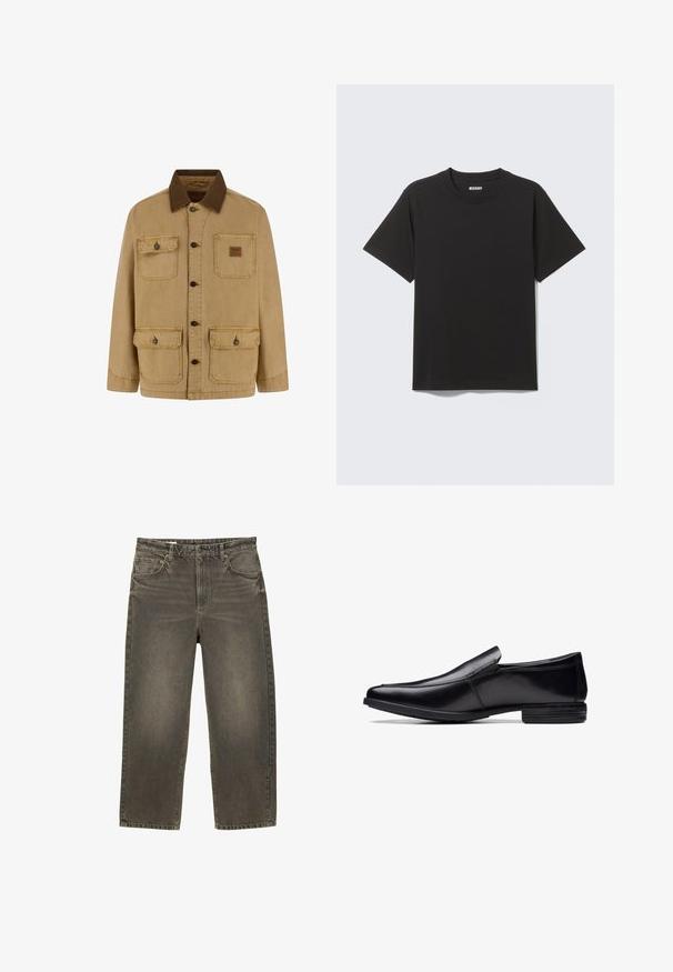 Brun knap-up skjortejakke med fire forlommer, to med klapper og knapper, samt en kontrasterende mørkebrune krave.; Sort T-shirt med korte ærmer lavet af blød bomuld, med rund halsudskæring og enkelt design uden mønstre eller accenter.; Breddebenede jeans i falmet grå denim med en let glans. Funktioner to frontlommer og en knaplukning. Vandret syning på taljeleddet.; Sorte lædersko uden snørebånd med spids tå, poleret finish, subtile syninger og en lav gummisål.