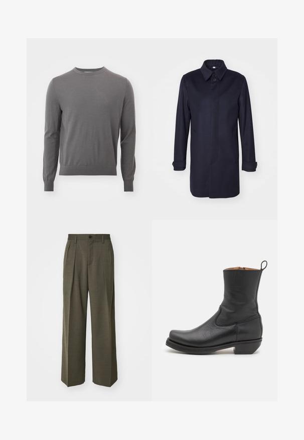 Navyblauer Wollmantel mit spitzem Kragen, einer Knopfschließe und zwei Fronttaschen. Er verfügt über lange Ärmel mit knöpfbaren Manschetten und eine gerade Silhouette.; Tiger of Sweden CONNOR - Strickpullover - pavement; Filippa K WIDE TROUSERS - Stoffhose - driftwood; Schwarze Leder-Stiefelette mit glatter Oberfläche, schlankem Profil, seitlicher Naht und niedrigem, quadratischen Absatz. Verfügt über eine Zuglasche an der Rückseite.