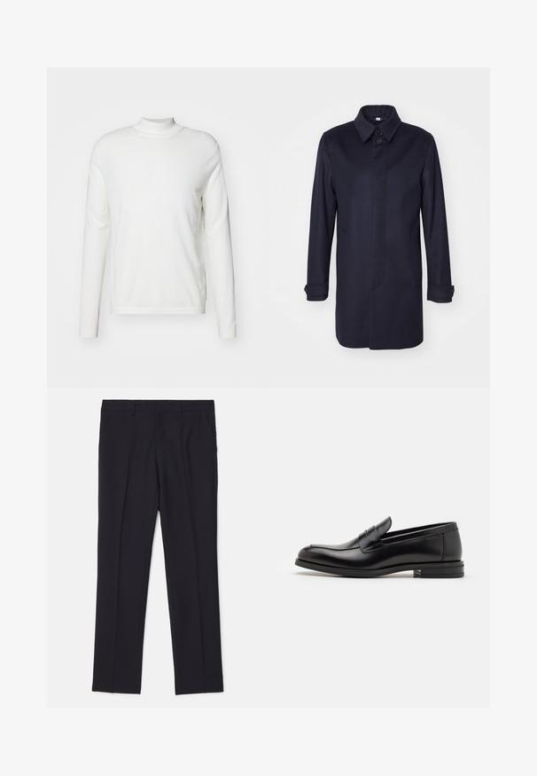Navyblauer Wollmantel mit spitzem Kragen, einer Knopfschließe und zwei Fronttaschen. Er verfügt über lange Ärmel mit knöpfbaren Manschetten und eine gerade Silhouette.; Weißer langärmeliger Rollkragenpullover aus weichem Material. Besitzt ein tailliertes Design und minimale Details, mit einem schlichten geraden Saum.; Schwarze maßgeschneiderte Hose aus glattem Stoff, mit zwei Seitentaschen, geradem Bein und ohne sichtbare Muster oder Akzente.; Schwarze Lederloafers mit glatter Textur, rundem Zehenbereich und einem dekorativen Riemen über dem Vorderfuß. Niedriger, gestapelter Absatz, minimalistisches Design.