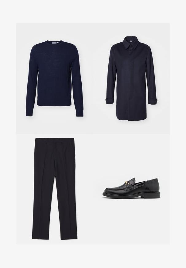 Cappotto in lana blu navy con colletto a punta, chiusura con un solo bottone e due tasche laterali. Presenta maniche lunghe con polsini bottone e una silhouette dritta.; Tiger of Sweden CONNOR - Maglione - light ink; Pantaloni neri su misura realizzati in tessuto morbido, con due tasche laterali, design a gamba dritta e senza pattern o accenti visibili.; Mocassini in pelle nera con punta rotonda, dotati di accentuazione in metallo dorato e dettagli di cucitura, posizionati su una suola in gomma testurizzata bassa.