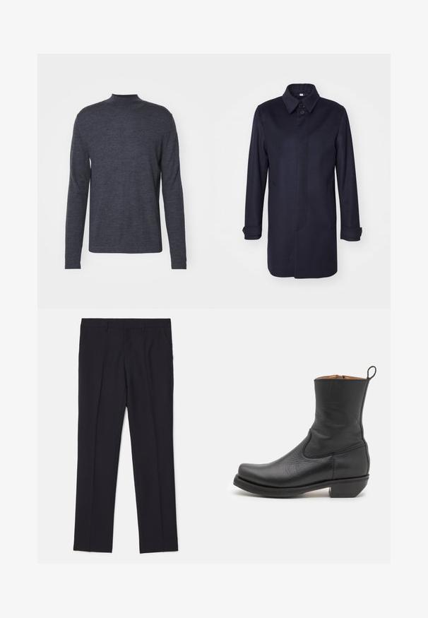 Sötétkék gyapjú kabát hegyes gallérral, egysorú gombos záródással és két elülső zsebbel. Hosszú ujjaival és gombos mandzsettáival, valamint egyenes szabású fazonjával rendelkezik.; Tiger of Sweden TERN - Pulóver - grey street; Fekete, sima anyagból készült, karcsúsított nadrág, két oldalsó zsebbel, egyenes szárú kialakítással, és látható minták vagy díszítések nélkül.; Fekete bőrből készült bokacsizma sima textúrával, karcsú profilal, oldalvégekkel és alacsony négyzetes sarokkal. A hátsó részen húzófüle található.