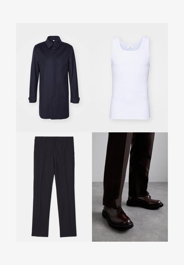 Navy blue wool coat with a pointed collar, single button closure, and two front pockets. Features long sleeves with buttoned cuffs and a straight silhouette.; White cotton sleeveless tank top with a round neckline, featuring a smooth texture and a fitting shape, designed for casual wear.; Black tailored trousers made of smooth fabric, featuring two side pockets, a straight leg design, and no visible patterns or accents.; Brown leather lace-up shoes with a glossy finish, black rubber sole, and subtle stitching. Worn with pinstriped brown trousers.