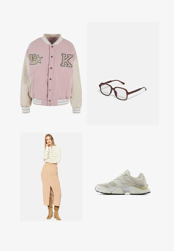 Karl Kani RETRO PATCH STAR OS COLLEGE - Bombertakki - rose lightsand; Nainen, jolla on kiharat hiukset, pukeutuneena vihreään kolmannes hiharesorimittaisessa paidassa ja vaaleanbeigeissä housuissa, seisoo kädet selän takana yksiväristä taustaa vasten.; Beige corduroy kietos sijonas, vidutinio ilgio su priekiu plyšiu. Balta megztinis šviesiomis horizontalios juostelėmis. Šviesiai rudos kelių ilgio batai.; Valkoiset lenkkarit, joissa on verkkokangas- ja mokkanahkapinta, pyöristetty kärki ja pehmustettu kaulus. Varustettu heijastavilla yksityiskohdilla ja paksulla, teksturoidulla pohjalla.; Ruske, rektangulære briller med transparente linser og lilla toner. Glatt plastisk ramme med rette stenger og subtile detaljer.