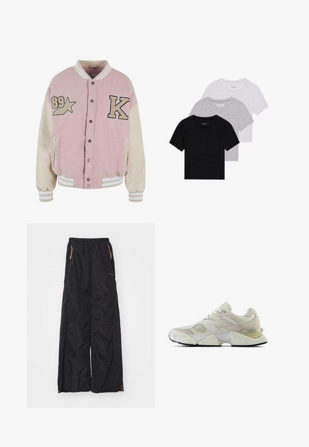 Karl Kani RETRO PATCH STAR OS COLLEGE - Bomber-jakk - rose lightsand; Kollektsioon kolm lühikese varrukaga T-särki mustas, hallis ja valges värvitoonis. Valmistatud puuvillast, ümmarguse kaelusega ja lihtsa, ühevärvilise disainiga.; Must mustre püksid, mis on valmistatud kergest kangast, laia jalgadega, elastse vöökohtaga, kahe lukuga taskuga ja oranžide detailidega.; Valged spordijalatsid, millel on võrgu- ja nahakate, ümar varvas ning pehmendusega kaelus. Lisaelementidena on reflekteerivad aktsendid ning paks tekstureeritud tallapind.