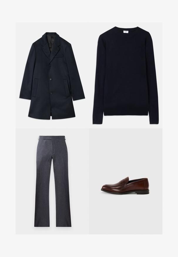 Marineblauwe wollenblendjas met een geknipte revers, drie knoopsluitingen, twee grote voorzakken en een subtiele borstzakdetail. Soepele textuur.; Navyblauwe crew-neck sweater van zacht materiaal, met lange mouwen en ribbeldetails bij de kraag en zoom. Schone, minimalistische design.; Witte katoenen t-shirt met een ontspannen pasvorm, voorzien van korte mouwen en een zwart "MICHAEL KORS" logo dat over het midden is gedrukt.; Grijze op maat gemaakte broek van een structuurstof, met een rechte snit, een subtiele plooi en zijlusjes op de tailleband voor het bevestigen van een riem.; Bruine leren instappers met een ronde neus, een detail met een bandje aan de voorkant en een lage gestapelde hak. Glad textuur met minimale decoratieve accenten.