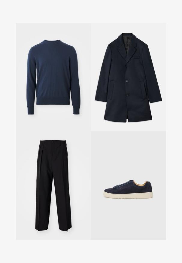 Tengerészkék gyapjú keverék kabát, hajtókás gallérral, három gombbal, két nagy elülső zsebbel és egy diszkrét mellzseb részlettel. Sima textúra.; Sötétkék, hosszú ujjú, kerek nyakú pulóver, bordás mandzsettával és alján, fehér háttér előtt bemutatva.; Fekete, pliszírozott nadrág, egyenes, széles lábakkal. Sima anyagból készült, gombos záródással és övhurkokkal rendelkezik.; Tengerészeti suède alacsony szárú sportcipő kerek orral, törtfehér gumitalppal és hozzá illő fűzőszerkezet; kontrasztos barna belső béléssel rendelkezik.