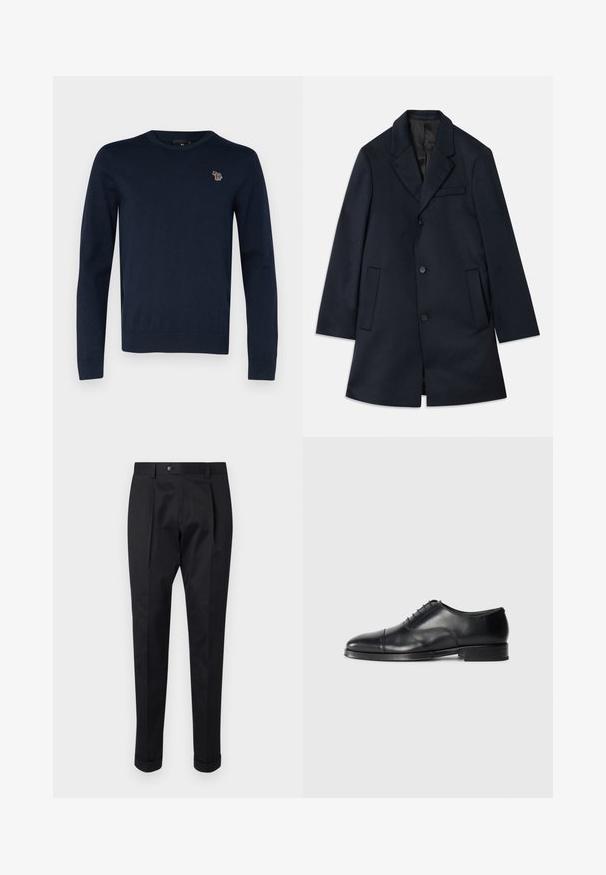 Navy kabát z vlněné směsi s klopovými límci, třemi knoflíkovými zapínáními, dvěma velkými předními kapsami a decentním detailem náprsní kapsy. Hladká textura.; Námořnická modrá pletená svetr s kulatým výstřihem, dlouhými rukávy a malým vyšitým vzorem zvířete na hrudi. Měkká textura, žebrovaný lem.; Černé kalhoty z hladkého materiálu s pukem vpředu, zapínáním na knoflík a ohrnutými manžetami u kotníků.; Černá kožená společenská obuv s oblým špičkou, hladkým povrchem, šněrovacím designem a jemným švem, s nízkým plochým podpatkem.