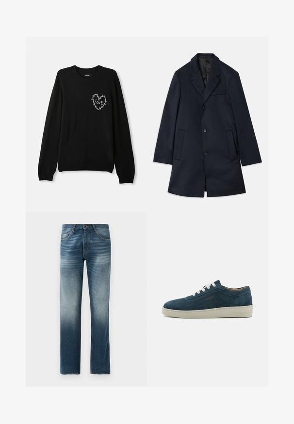 Námornícky vlneno-bavlnený kabát s klopami, tromi gombíkmi, dvoma veľkými prednými vreckami a jemným detailom na vrecku na hrudi. Hladká textúra.; Čierny sveter s okrúhlym výstrihom, dlhými rukávmi a bielym vyšívaným srdcom doplneným o ostnatý drôt a slovom "LÁSKA".; Džínsy v tmavo-modrom vyblednutí, strih s rovnými nohavicami. Obsahujú päť vreciek, štandardný pás s pútkom na opasok a zapínanie na kovový gombík.; Modré semišové tenisky s zaoblenou špičkou, bielymi šnúrkami a gumovou podrážkou. Obsahujú jemné šitie a značkový akcent na boku.
