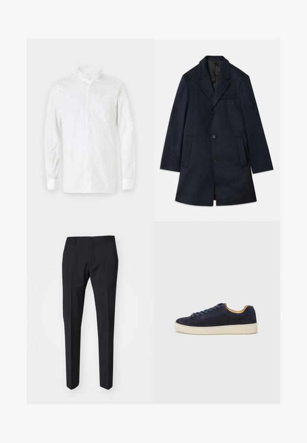 Tumes villane segakate, millel on sakilised kraed, kolm nööpi, kaks suurt esi-taskut ja nüansiline rinnatasku detail. Sile tekstuur.; Valge pika varrukaga särk, millel on seisva kaelusega, nööpidega kinnitamine ja keha lähedane disain. Sile tekstuur, ühe nööpiga mansetid ja minimalistlik stiil.; Tumed tumesinine püksid slim fit stiilis. Valmistatud siledast, tekstuuriga kangast, millel on lame esiosa, vööaasad ja küljetaskud.; Tumesinine sametist madal sneaker ümarate varvastega, off-white kummipõhi ja harmoneeruvad lingid; omaduseks kontrastne pruun sisemus.