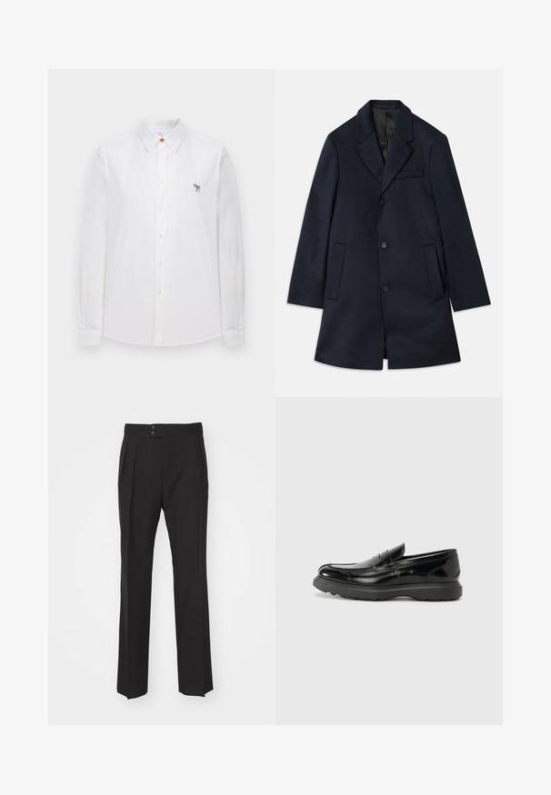 Cappotto in misto lana blu navy con rever a punta, chiusura a tre bottoni, due ampie tasche frontali e un discreto dettaglio della tasca sul petto. Tessuto liscio.; Camicia bianca a maniche lunghe in cotone con colletto button-down. Presenta un logo di un cavallo multicolore ricamato sul petto.; Pantaloni neri su misura con design a gamba dritta, due tasche anteriori e chiusura a doppio bottone in vita. Tessuto dalla finitura liscia.; Mocassino in pelle nera con finitura lucida, punta arrotondata, dettagli di cucitura sottili e suola in gomma spessa per una maggiore durata.