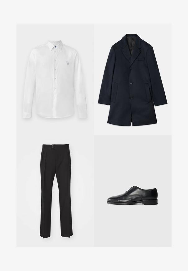 Marineblauwe wollenblendjas met een geknipte revers, drie knoopsluitingen, twee grote voorzakken en een subtiele borstzakdetail. Soepele textuur.; Witte overhemd met lange mouwen van gladde stof, voorzien van een blauwe knoop en een klein geborduurd ontwerp aan de linkerkant. Met knopen sluiting aan de voorkant en een kraag.; Zwarte op maat gemaakte broek met een recht model, twee voorzakken en een dubbele knoopsluiting bij de taille. Glad textuur van de stof.; Zwarte leren dresschoenen met een ronde neus, een gladde textuur, vetersluiting en een subtiele naaddetail, met een lage, platte hak.