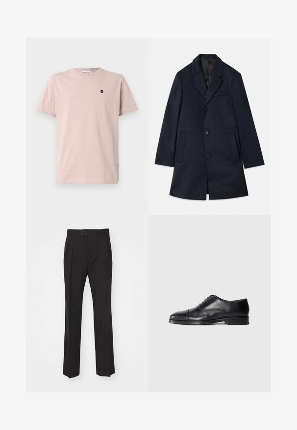 Navy wool-blend coat with a notched lapel, three button closures, two large front pockets, and a subtle chest pocket detail. Smooth texture.; Light pink short-sleeve T-shirt made of soft fabric. Features a small black hexagonal logo on the left chest. Straight cut design.; Black tailored trousers featuring a straight leg design, two front pockets, and a double-button closure at the waistband. Smooth fabric texture.; Black leather dress shoe with a rounded toe, smooth texture, lace-up design, and a subtle seam detail, featuring a low, flat heel.