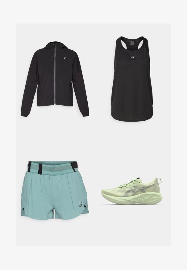 Juodas lengvas džemperis, su užtrauktuku priekyje, su gobtuvu, elastingomis rankovėmis, šoninėmis kišenėmis, su maža emblema kairėje krūtinės pusėje.; Juodas sportinis marškinėlis be rankovių, pagamintas iš lengvos medžiagos. Turi apvalų iškirpimą, lenktą nugarą ir mažą baltą logotipą priekyje.; ASICS METARUN SPLIT SHORT - Sportiniai šortai - celadon; Šviesiai žalia sportinė avalynė su tinklo apvalkalu, tekstūruotais akcentais ir storu, kampuotu padu, užtikrinančiu geresnį amortizavimą ir paramą.
