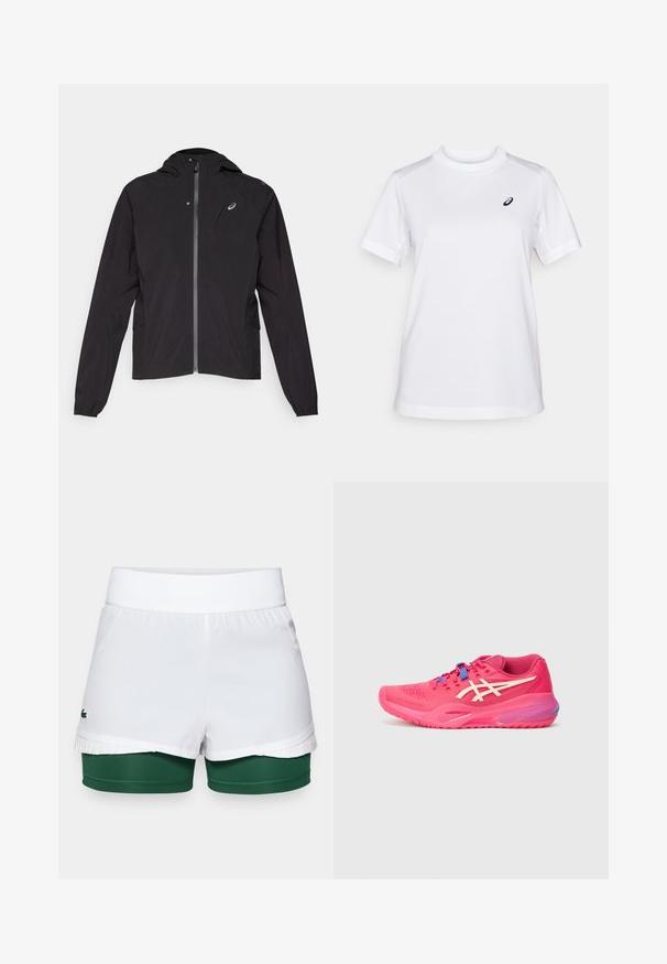Črna lahka jakna, z zadrgo na sprednji strani, s kapuco, elastičnimi manšeti, stranskimi žepi in majhnim logotipom na levem prsnem predelu.; ASICS COURT TOP - Športne majice - brilliant white; Beli šortai z ribanim pasom, ki notranjo zeleni plast in nabiranje na robu. Lacoste logo na levi strani.; Športna obutev v živahni roza barvi, z mrežasto teksturo, minimalističnim dizajnom, belimi detajli in modrimi vezalkami. Ukrojena podplat z aerodinamično obliko.