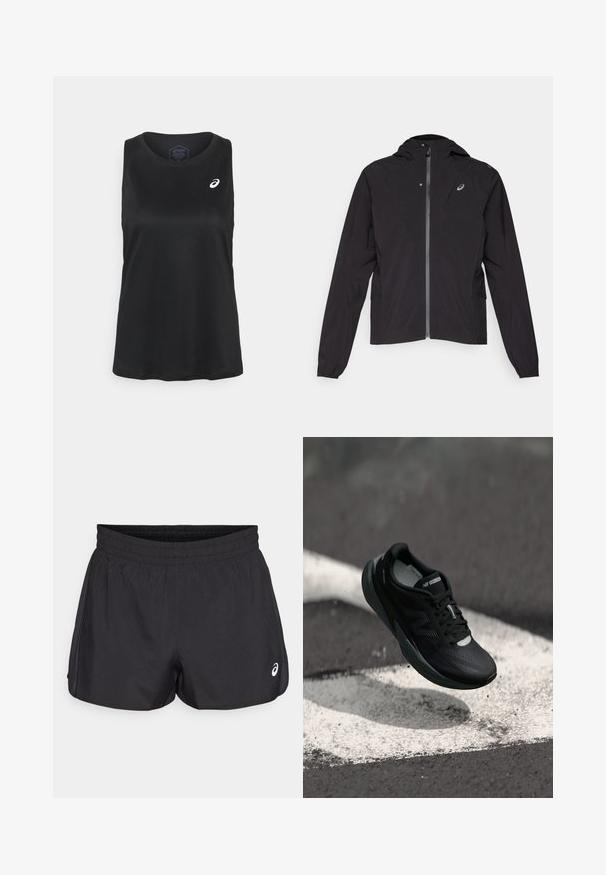 Veste légère noire, fermeture éclair à l'avant, design avec capuche, poignets élastiques, poches latérales, avec un petit logo sur la zone gauche de la poitrine.; ASICS CORE TANK - Débardeur - performance black; Shorts de sport noirs avec une taille élastique, texture lisse, ourlet arrondi et accents en mesh sur les côtés. Présente un petit logo à l'avant.; Chaussure de course noire avec une tige texturée, un design épuré et des accents réfléchissants. Dotée d'une semelle douce et rembourrée pour le confort.
