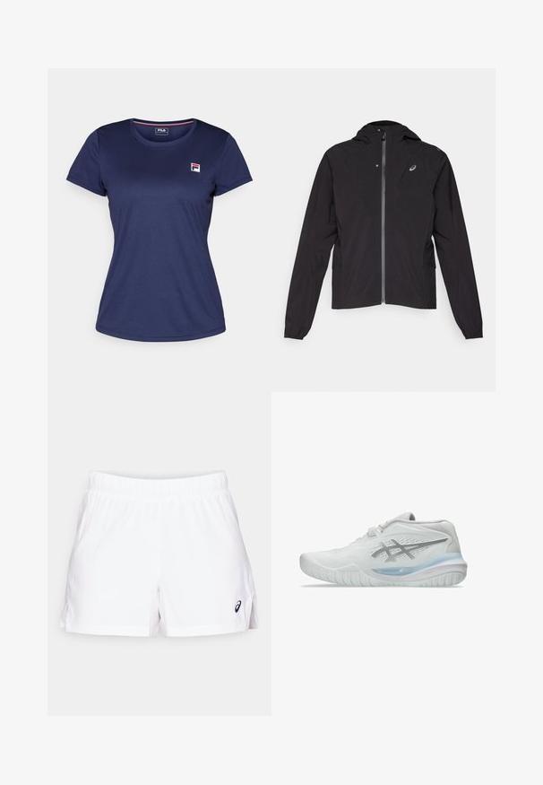 Melnā vieglā jakā, ar rāvējslēdzēju priekšā, ar kapuci, elastīgām piedurknēm, sānu kabatām, ar mazu logotipu kreisajā krūtīs.; Jūras zila īsām piedurknēm T-krekls, kas izgatavots no gludas auduma, ar mazu Fila logotipu kreisajā krūtī. Apaļš apkakle un klasiskā piegriezuma.; Baltas sporta šorts ar elastīgu jostasvietu, sānu šķēlumiem un mazu melnu logo apakšējā labajā pusē. Izgatavoti no viegla materiāla.; Baltas sporta apavi ar teksturētu virsu, ar caurspīdīgu zilu zoli un diskretu pelēku zīmolu uz sāniem. Apaļš purngals un zems profils.