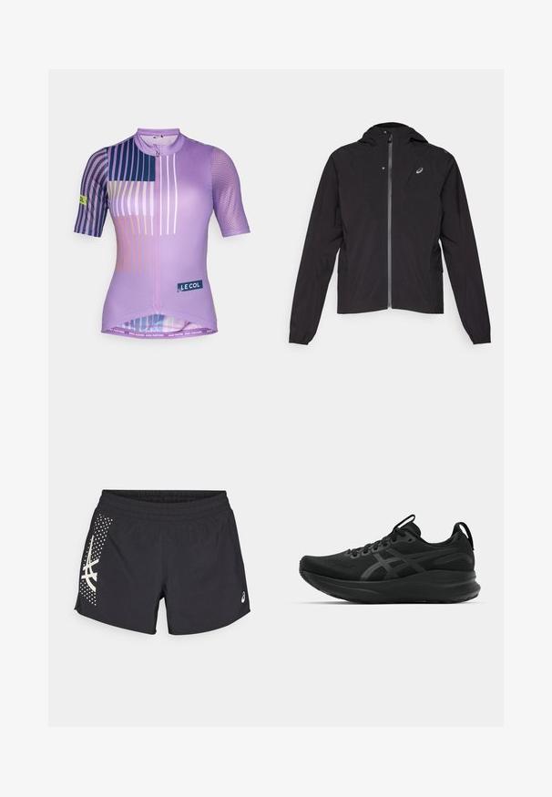 Juodas lengvas džemperis, su užtrauktuku priekyje, su gobtuvu, elastingomis rankovėmis, šoninėmis kišenėmis, su maža emblema kairėje krūtinės pusėje.; Purpurinė dviračių maikė trumpomis rankovėmis, su geometriniais raštais įvairiomis spalvomis, užtrauktuku, tinklinėmis detalėmis ir logotipo etikete.; Juodi sportiniai šortai su elastinga juosta ir logotipu. Šone yra dizainas su baltomis akcentais ir taškiniu raštu.; Juodi sportiniai bateliai su kvėpuojančia viršutine dalimi, tekstūruota medžiaga, storu padu ir subtiliais prekių ženklo akcentais. Šnervių ir kilpos elementai įtraukti.