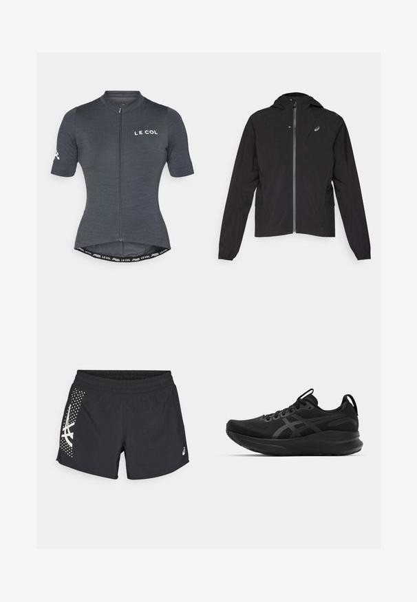 Sort letvægtsjakke, lynlåslukning foran, hætte-design, elastiske manchetter, sidelommer, med et lille logo på venstre brystområde.; Grå cykeltrøje med korte ærmer, frontlynlås og tætsiddende design. Har et mærke-logo og kontrastdetaljer ved taljen.; Sorte atletiske shorts med elastisk talje og et logo. Siden har et design med hvide accenter og et prikket mønster.; Sorte atletiske sko med en åndbar overdel, tekstureret stof, tyk sål og diskrete brandingsdetaljer. Snørebånd og trækstrop inkluderet.