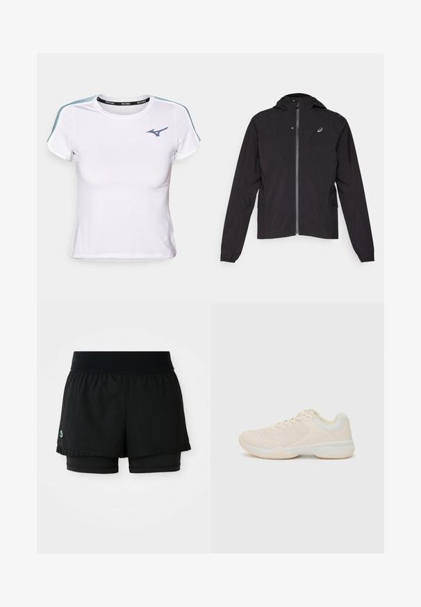 Jachetă ușoară neagră, cu fermoar frontal, design cu glugă, manșete elastice, buzunare laterale, având un logo mic în zona pieptului stâng.; Tricou sportiv alb cu un design ajustat, mâneci scurte, accente contrastante de culoare albastră pe umeri și o bandă neagră ce poartă numele brandului.; Shorts atleți negri cu un strat exterior pliat și pantaloni scurți interiori ajustați. Au un talie ribbed pentru confort și flexibilitate.; Pantof de sport bej deschis, cu un superior texturat, accente albe în contrast, vârf rotund și o talpă flexibilă din cauciuc.