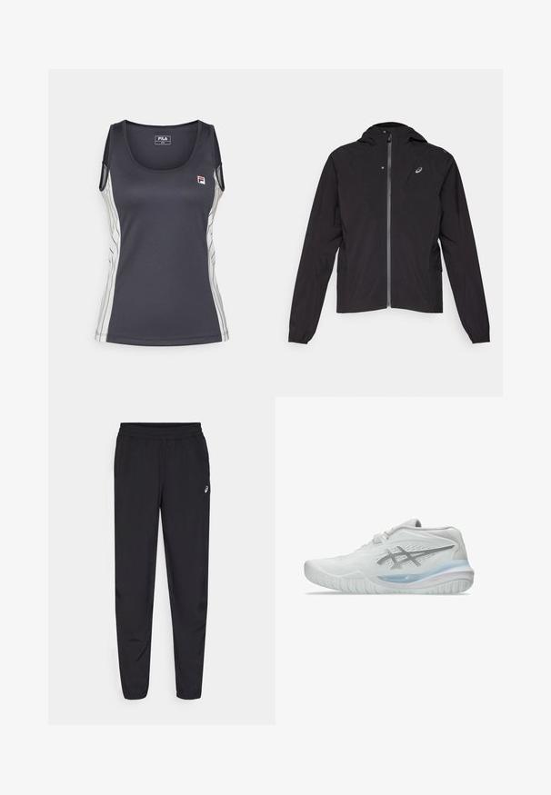 Svart lett jakke med glidelås foran, hette, elastiske mansjetter, sidelommer, og en liten logo på venstre brystområde.; Svart ermeløs tank-top laget av glatt stoff med hvite vertikale striper på sidene og en liten brodert logo på brystet.; Svart idrettsbukser med elastisk linning, smale ben med mansjetter, laget av et lett og glatt materiale, med en liten logo på låret.; Hvite joggesko med en teksturert overdel, som har en gjennomskinnelig blå såle og subtle gråmerker på siden. Rund tå og lav profil.