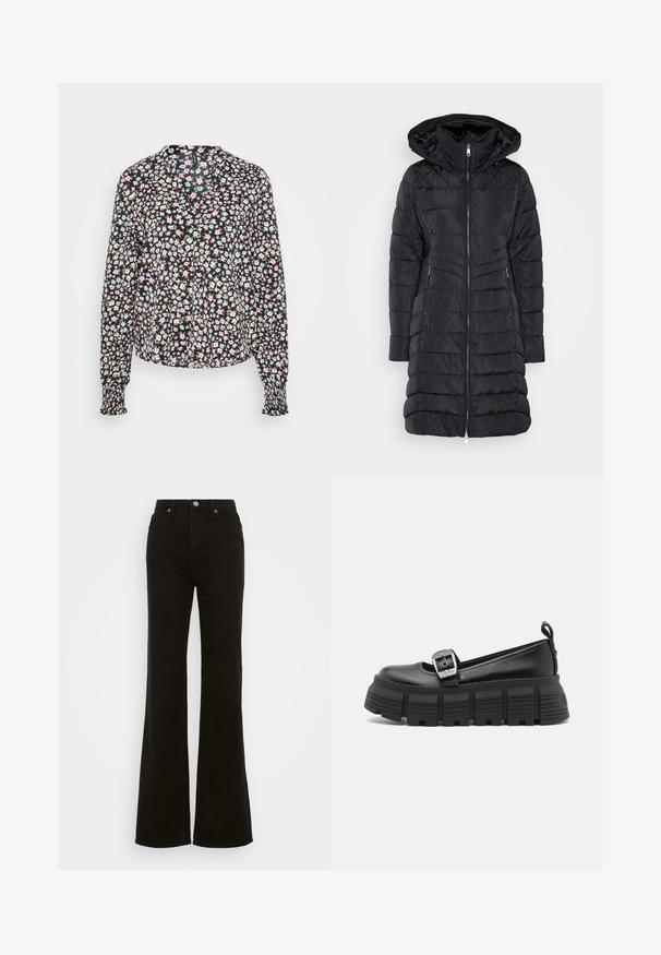 Svart pufferjakke med hette, med horisontal quiltet tekstur, hel-lengde glidelås og sidelommer for ekstra nytte.; Langermet bluse i svart stoff med blomstermønster i rosa, blå og beige. Har krage og samlet mansjett.; Høyt liv svarte utsvingte jeans laget av denim, med knappelukking, sidelommer og en glatt tekstur.; Sorte plattform loafers med avrundet tå, glatt lær-overside, justerbar spenne og teksturert gummisåle med horisontale riller.