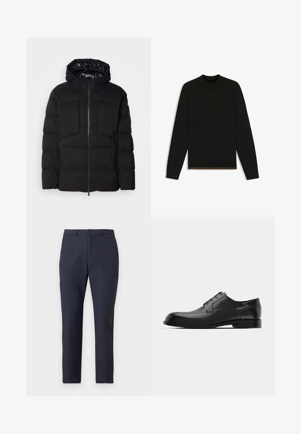 Czarna puchowa kurtka wykonana z gładkiego nylonu, z zapięciem na zamek błyskawiczny z przodu, dużymi kieszeniami na piersi i kapturem. Wypełniona dla lepszej izolacji i komfortu.; Czarny sweter z dzianiny z długimi rękawami i wysokim kołnierzem. Ma złoty akcent na dolnym brzegu. Gładka tekstura i dopasowany krój.; Granatowe lekkie spodnie o smukłym kroju, z zapięciem na guzik, szlufkami na pasek i gładką fakturą. Dopasowany krój.; Czarne skórzane eleganckie buty z zaokrąglonym noskiem, gładką teksturą, minimalnymi szwami i płaską podeszwą z subtelnym logo na pięcie.